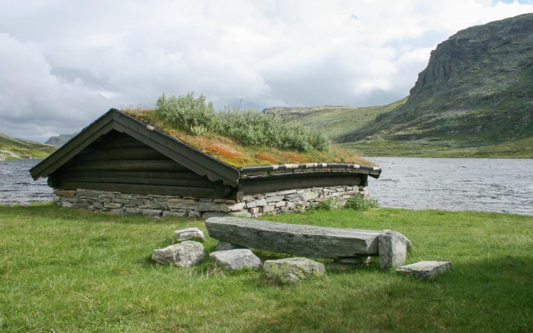 Schuurtje met groen dak aan fjord in Noorwegen